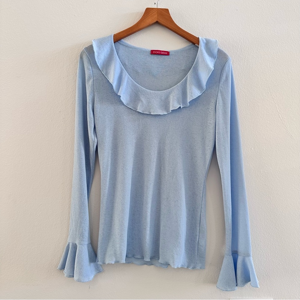 Y2K Baby Blue Long Sleeve Ruffle Semi-Sheer Knit Blouse, Size Small